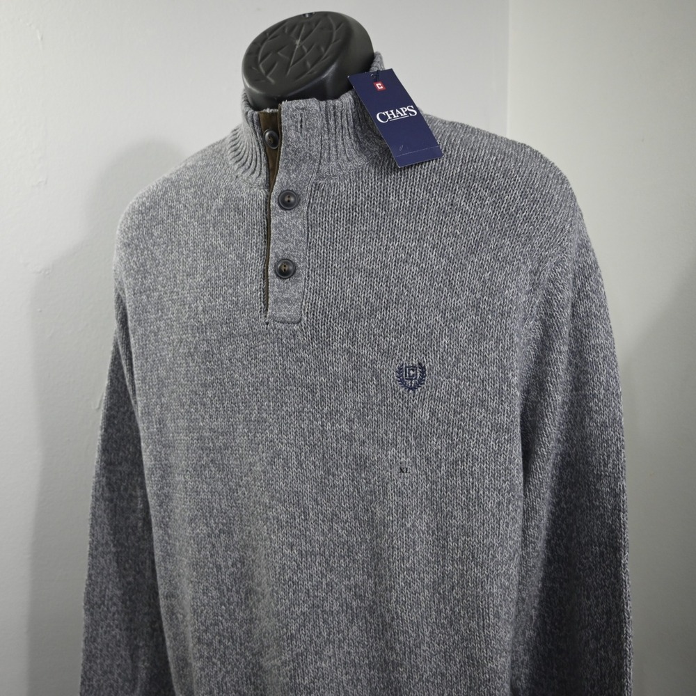 Chaps Twist Mockneck Sweater Mens XL NEW Gray Elbow Patch Quarter Button